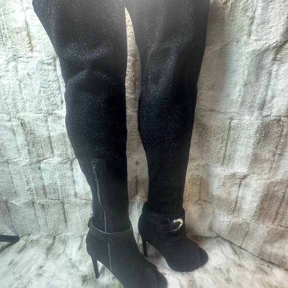 Glamour Chic Black Metallic Thread Stretch Over The Knee High Heel Boots - Picture 1 of 8
